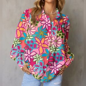 Floral Print Long Sleeve Collared Button Shirt (M)
